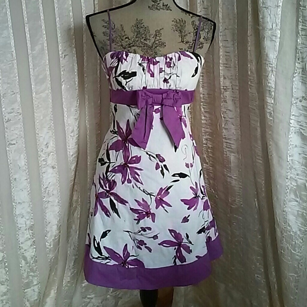 Ruby Rox Y2K Purple Floral Mini Sundress with Bow Waist Accent